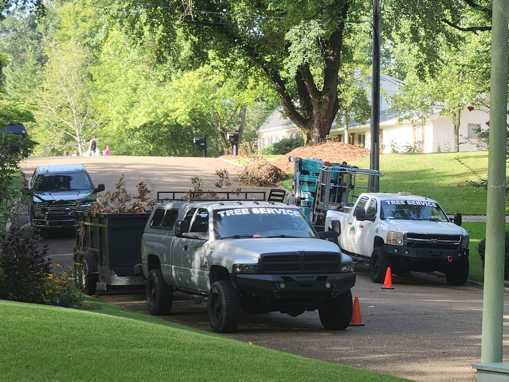 Two tree service pickup trucks parked on a residential street, one pulling a trailer filled with branches.