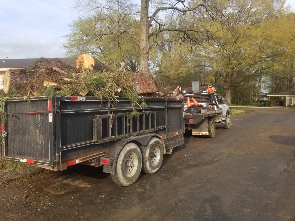 A pickup truck towing a flatbed trailer filled with tree trunks and brush.